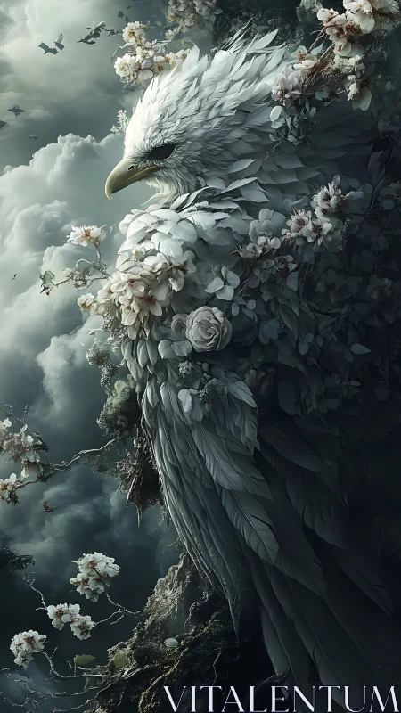 Majestic white eagle entwined with pale blossoms in clouds