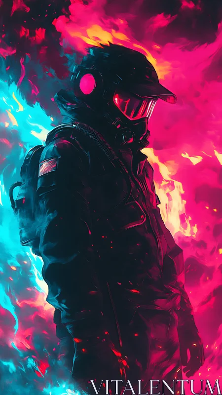 Neon inferno ranger strides between fire and frozen light.