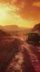 Pickup truck on dusty desert track under low sun.