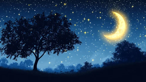 Luminous crescent moon over silhouetted arboreal skyline at night.