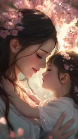 Tender mother–child embrace amid glowing cherry blossoms.