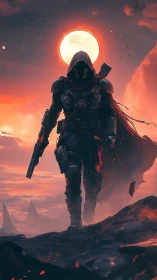 Lone dusk wanderer crossing a burning sci fi horizon.