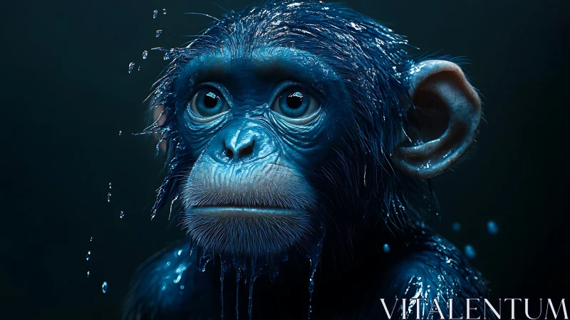 Photorealistic wet juvenile chimp portrait in teal lighting.