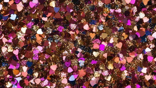Heart-shaped confetti field with multicolored glitter bokeh.