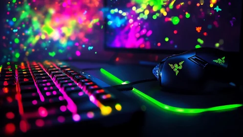 Glowing gaming keyboard and mouse create a neon dreamscape