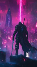 Lone cyber knight confronts neon rift above glowing city.