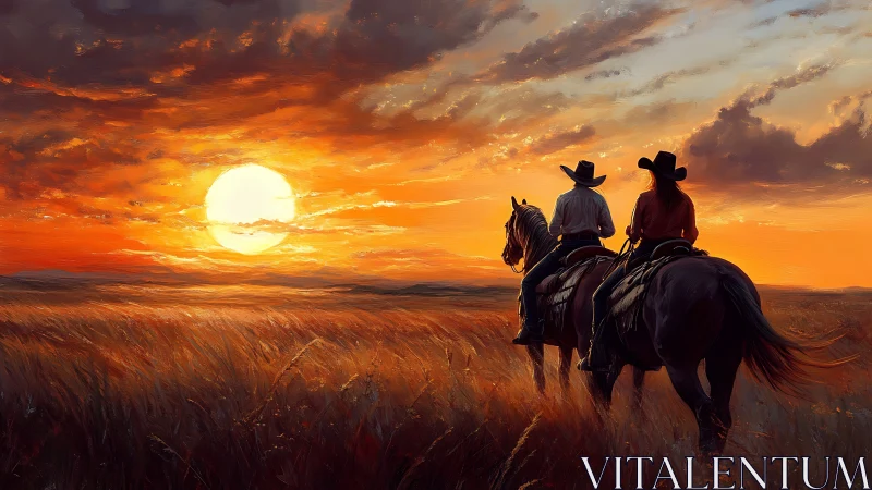 Cowboy riders observe blazing prairie sunset in painterly light