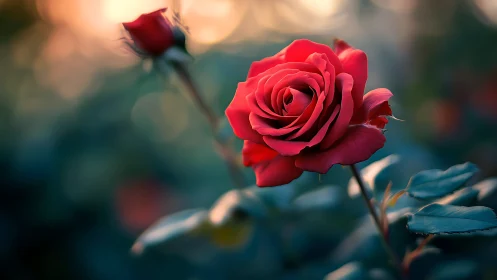 Vibrant Red Rose in Golden Light with Soft Garden Bokeh