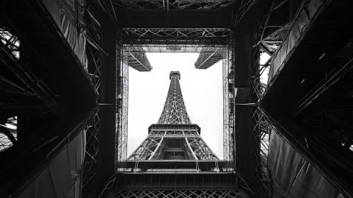 Structural convergence beneath iron lattice tower frame.