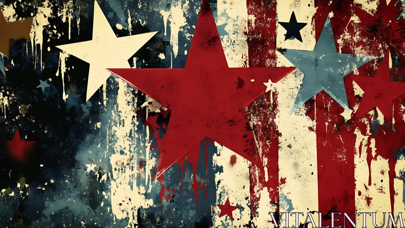 Grunge stars collide over distressed American stripes background.