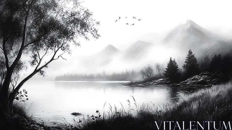 Whispering fog over silver lake and quiet mountain shadows.