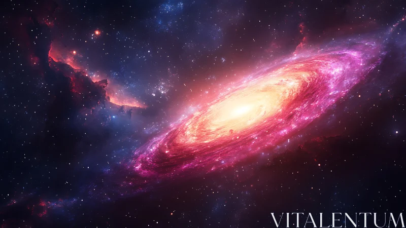 Radiant spiral galaxy swirling through vivid magenta void.