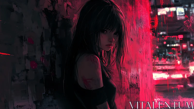 Moody girl in neon city alley under red night lights.