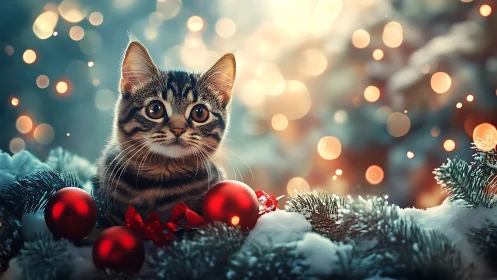 Snowlit kitten guards crimson baubles in festive twilight.