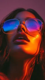Neon lit close up portrait with mirrored gradient sunglasses