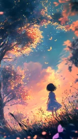 Evening sky glows softly as a young girl meets drifting light