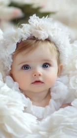Porcelain-faced infant adorned in pristine white lace.