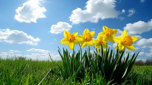 Golden Daffodils in Spring Meadow with Cumulus Cloud Formation