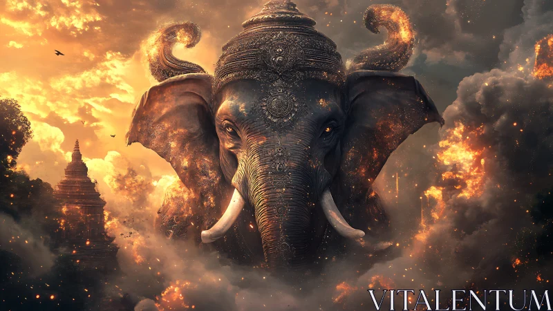 Majestic celestial elephant emerges glowing from fiery clouds