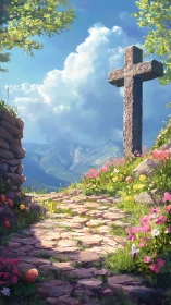 Stone cross stands over sunlit mountain path with flowers