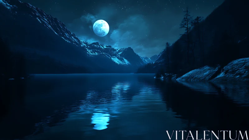 Full moon over mountain lake with reflective blue lighting.