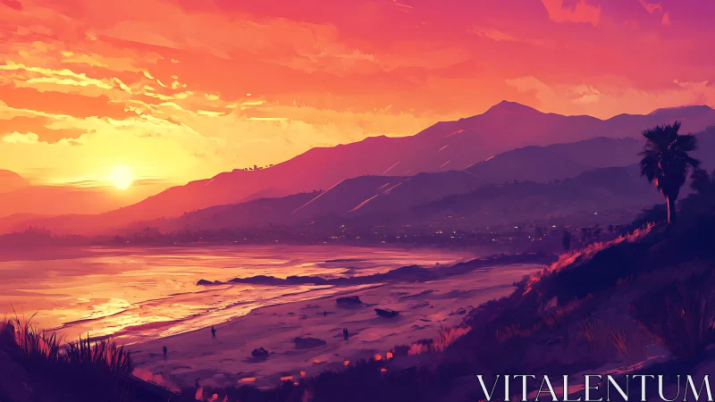 Coastal shoreline and mountains under orange sunset sky.