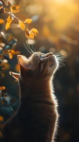 Feline specimen observing golden foliage in backlighting conditions.