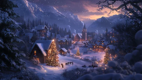 Digital painting of illuminated alpine Christmas village at dusk.