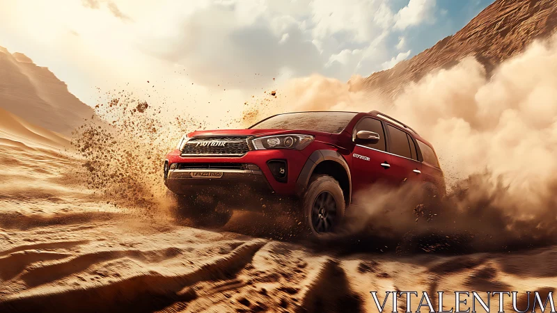 Red SUV driving through desert sand with dust clouds.