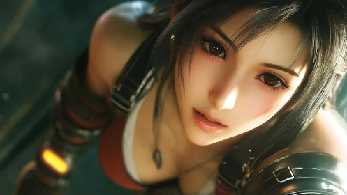 Gentle warrior’s gaze in glowing cinematic close up.