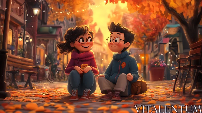 Two children connect amid autumn street bathed golden light