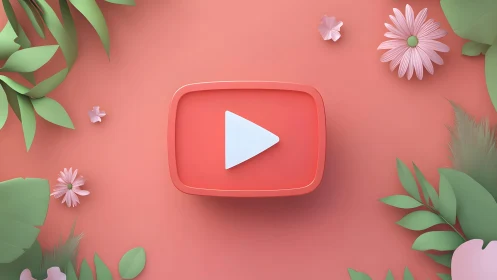 Play Button Icon with Floral Paper Cutout Design on Coral Background.
