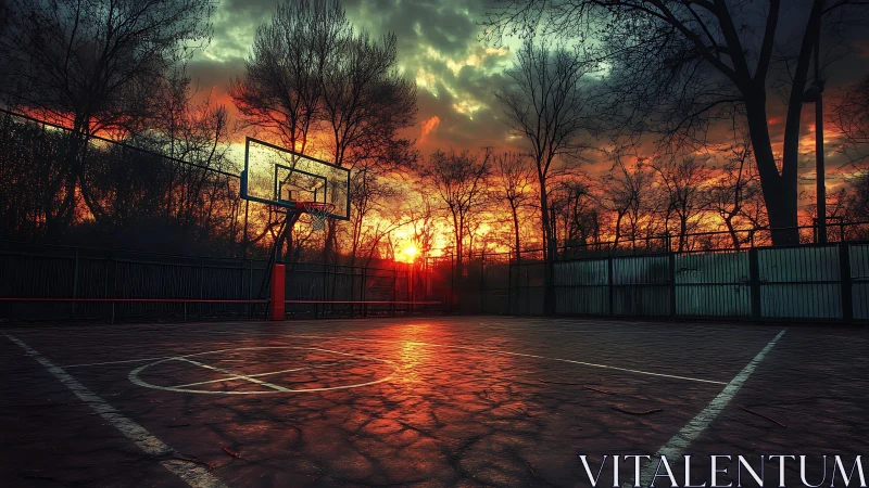 Outdoor basketball court is shown under low sunset light