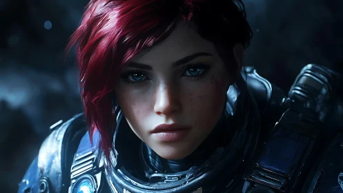 Red haired female soldier stares forward in sci fi armor