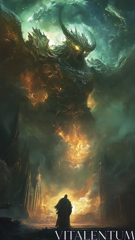 Colossal infernal titan looming above lone cloaked hero.