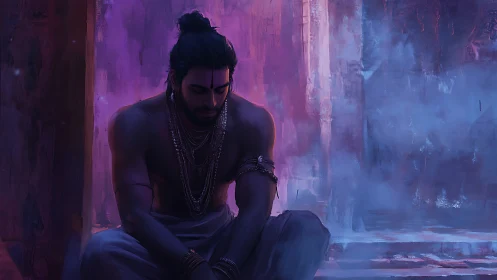 Meditative warrior in violet dusk-lit temple corridor.