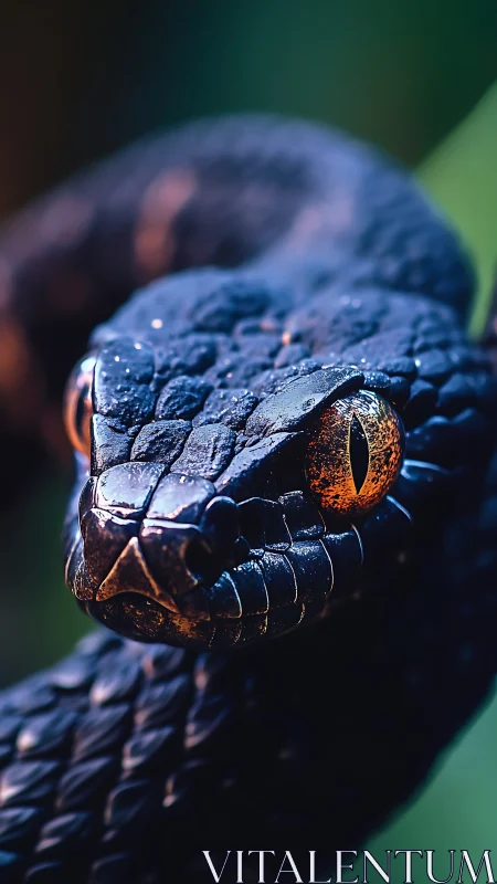 Close macro portrait of dark snake with vivid eyes.