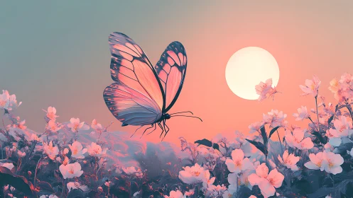 Iridescent butterfly hovering over pastel floral meadow at dusk.