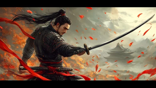 Stormlit samurai warrior amid swirling embers and petals.