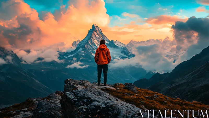 Solitary hiker facing glowing snow peak at sunrise sky.