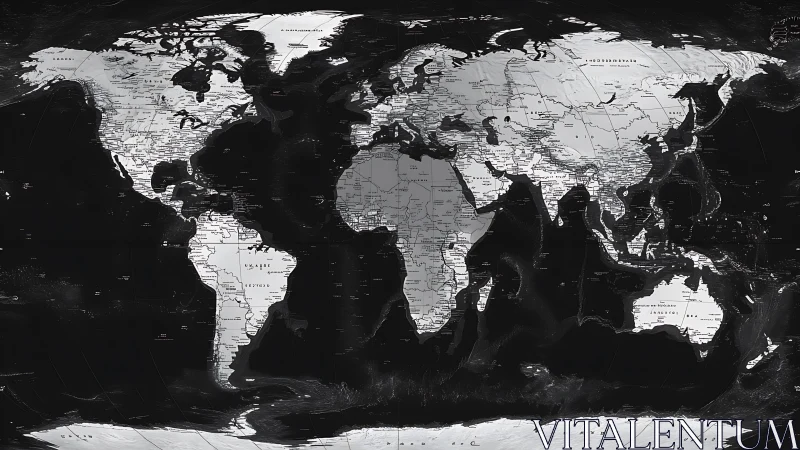 Monochrome world map with labeled political boundaries and graticule lines