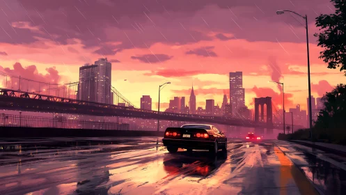 Sunset city drive along rain soaked bridge reflections.