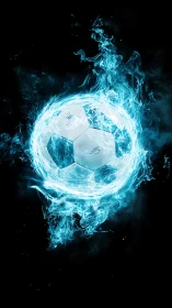 Luminous blue flame soccer ball blazes through dark space.