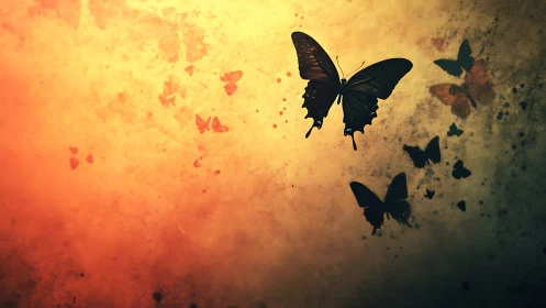 Digital painting of silhouetted butterflies in warm gradient space.