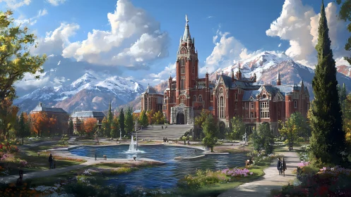 Gothic campus hall beside reflective pond and alps.