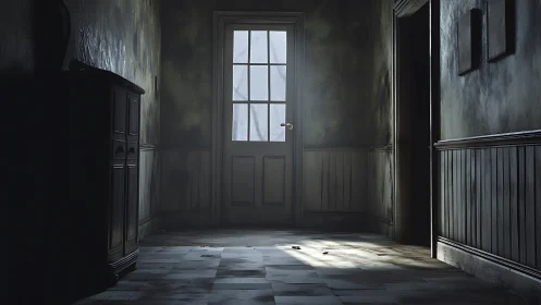 Volumetric light through decayed corridor doorway geometry.