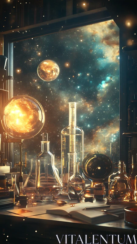 Alchemist laboratory overlooking luminous cosmic nebulae.