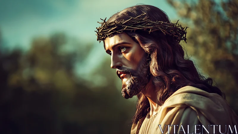 Crowned figure with thorns gazes downward in warm evening light