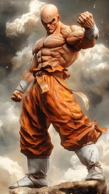 Bald anime martial artist in orange gi on rocky ledge.