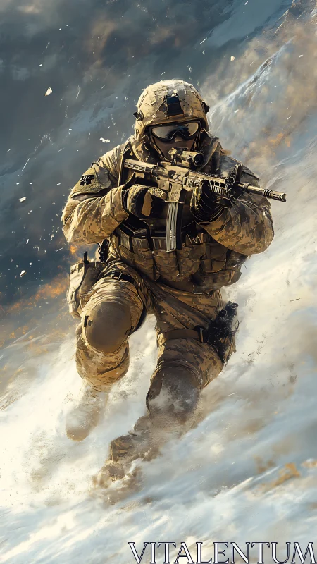 Armored infantry operator advancing through dynamic snowy battlefield